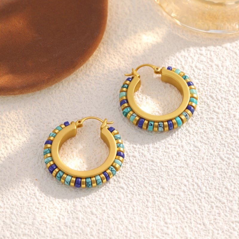 复古小众绿松石耳环女欧美风高级感耳饰哑光镀金圆形天然石耳环,淘宝优惠券,粉丝福利购,淘宝优惠卷