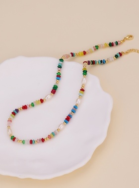天然石珍珠彩色多巴胺串珠项链女2024年新款原创小米珠锁骨链颈链