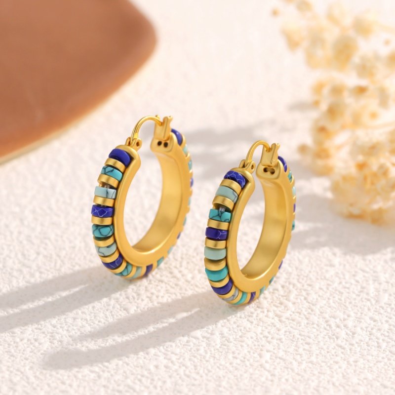 复古小众绿松石耳环女欧美风高级感耳饰哑光镀金圆形天然石耳环,淘宝优惠券,粉丝福利购,淘宝优惠卷