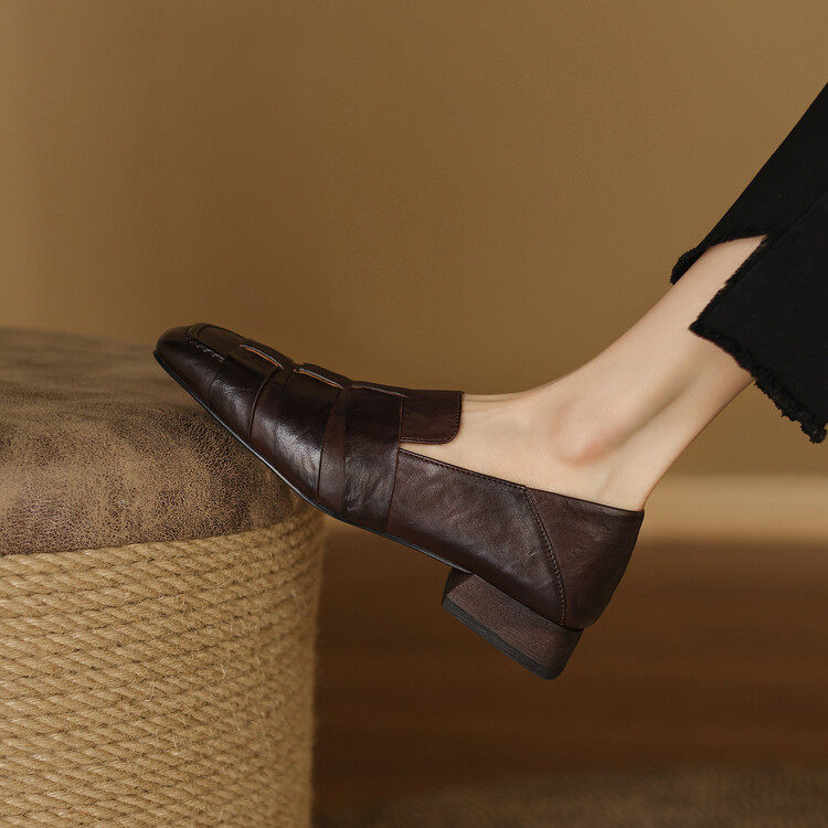 欧美时尚真皮牛皮单鞋女深口方头低跟平底复古舒适低帮鞋百搭手工,淘宝优惠券,粉丝福利购,淘宝优惠卷