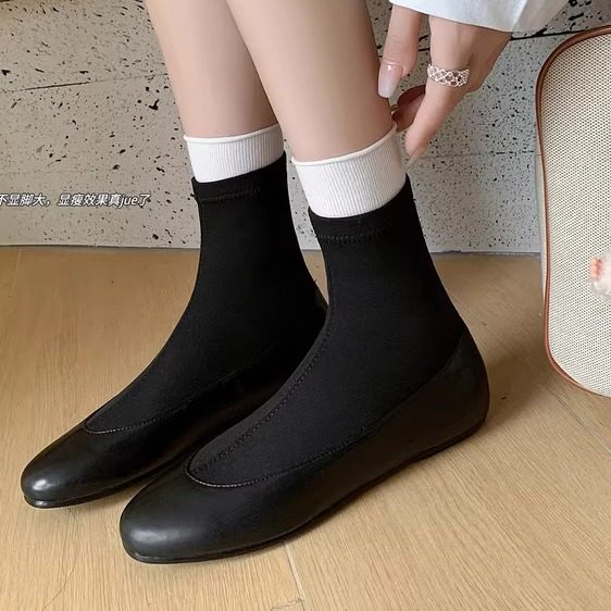 巨好看时尚拼色真皮短靴女单靴圆头低跟平底弹力靴舒适百搭秋冬,淘宝优惠券,粉丝福利购,淘宝优惠卷