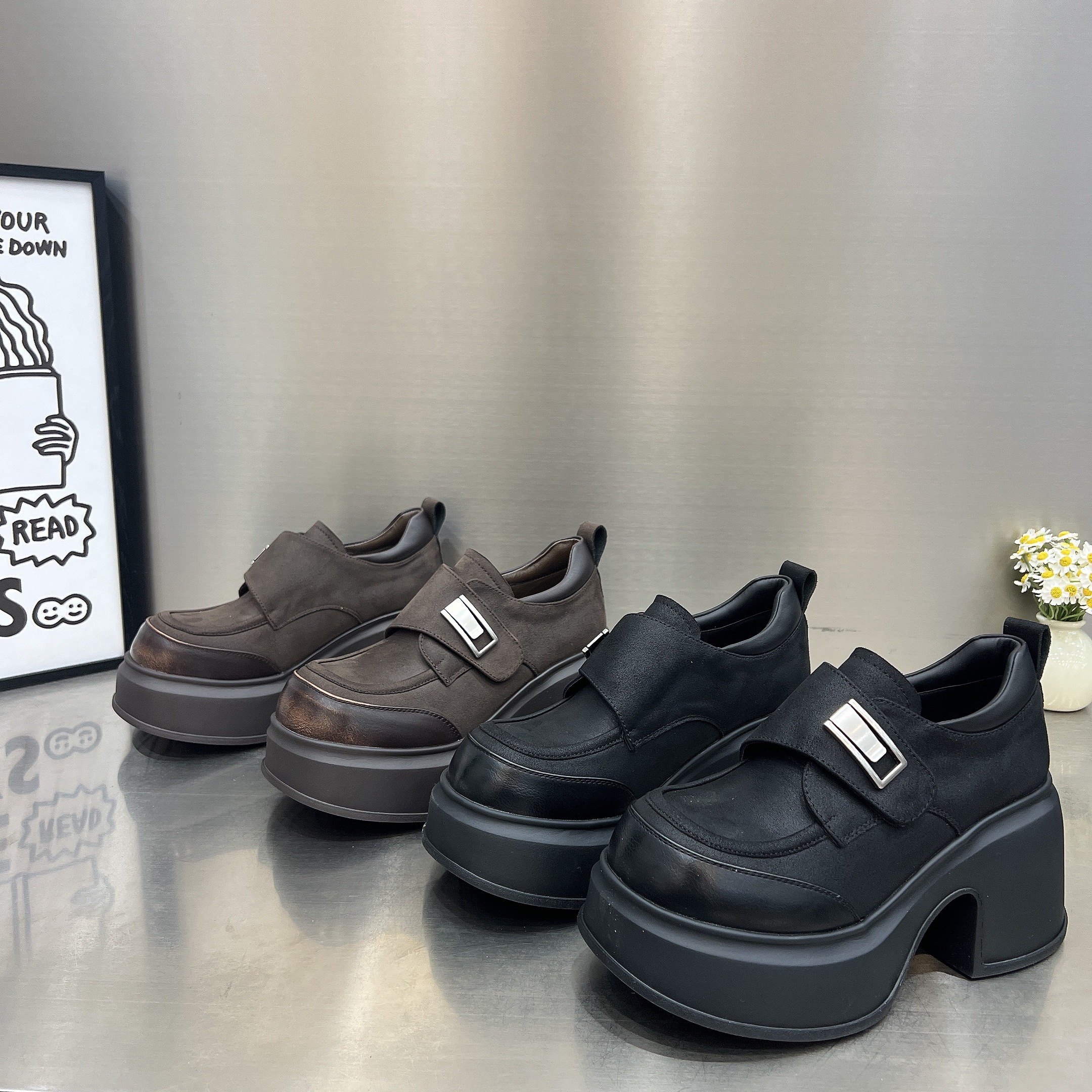 欧货真皮超轻厚底粗跟乐福鞋女2026新款魔术贴8cm小个子低帮单鞋,淘宝优惠券,粉丝福利购,淘宝优惠卷