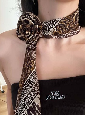 复古Y2K豹纹玫瑰薄款长条围巾