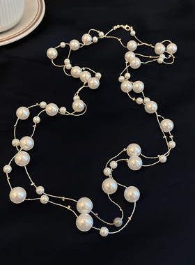 长款项链多层叠带珍珠毛衣链女