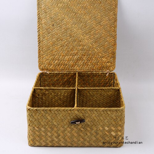 天然海草手工编织带盖收纳篮分格草编收纳筐藤草收纳盒桌面置物篮 - 图1