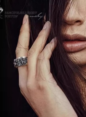 羿采男士925纯银六字真言小众设计感复古金刚杵潮人嘻哈个性指环