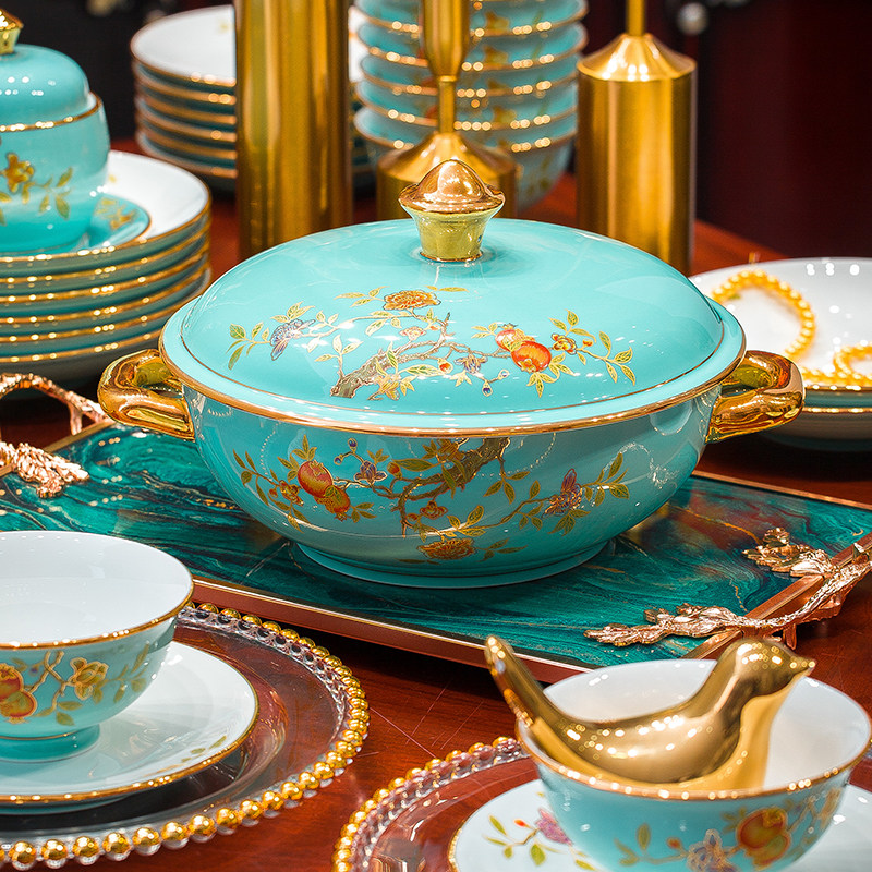 景德镇高白泥奢华餐具套装家用中式乔迁结婚陶瓷盘碗碟套装高档