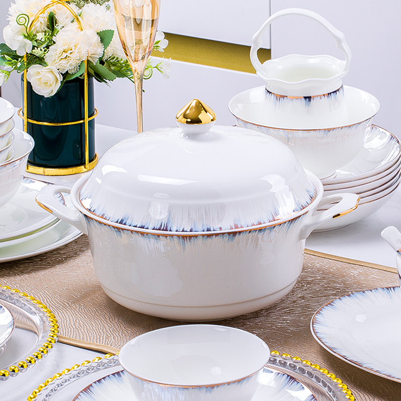 景德镇轻奢微波金边现代碗碟套装家用组合简约高档骨瓷餐具送礼