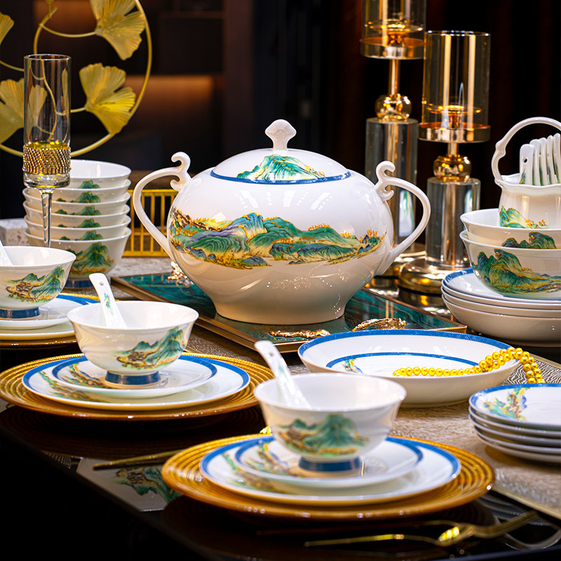 2026新款碗碟套装家用景德镇骨瓷中式餐具陶瓷碗盘乔迁组合碗盘筷