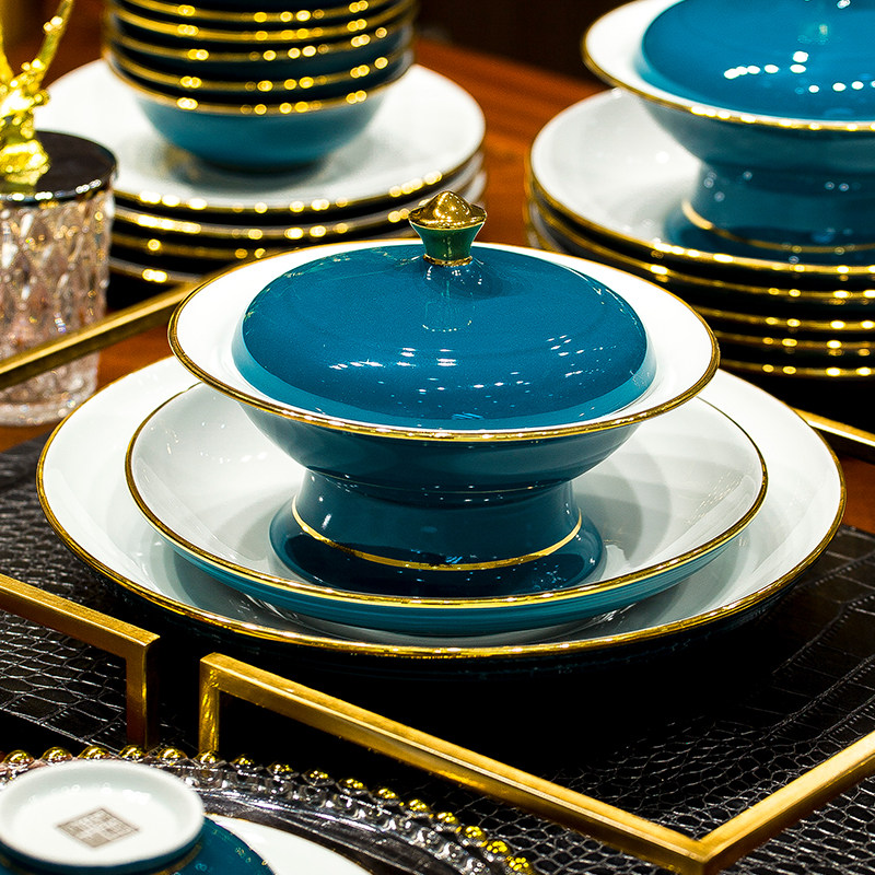 景德镇高白瓷餐具釉下彩碗碟套装家用中式轻奢高档陶瓷器碗盘乔迁