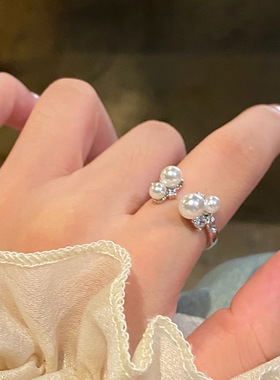 白色浪漫！锆石珍珠戒指女轻奢感素圈戒指女小众设计尾戒指环