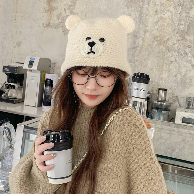 亨特琼斯旗舰店日系ins甜美可爱小熊耳朵渔夫帽女秋冬百搭保暖手工针织毛线盆帽1