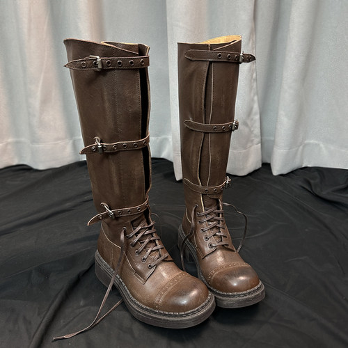 蒿版本！秋冬战损版厚底不过膝长筒靴复古擦色马丁靴搭扣骑士靴女 - 图2