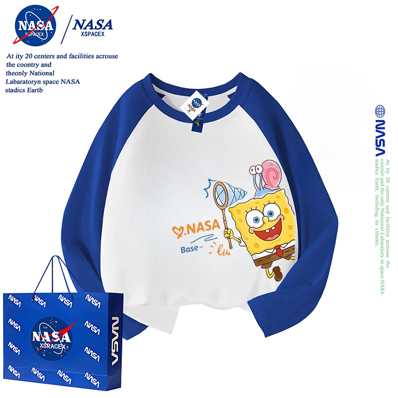 NASA联名海绵宝宝纯棉长袖T恤儿童春秋女童插肩打底衫上衣男童潮 - 图2