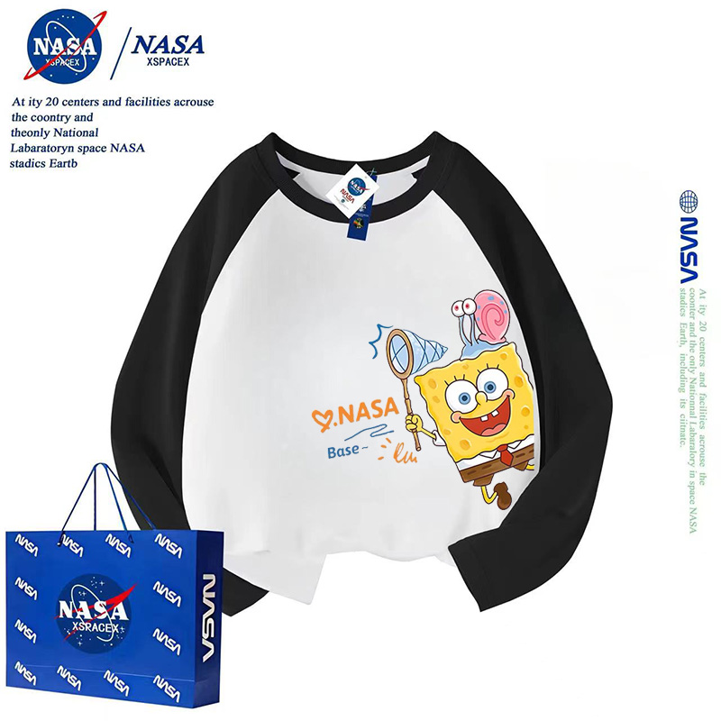 NASA联名海绵宝宝纯棉长袖T恤儿童春秋女童插肩打底衫上衣男童潮 - 图3