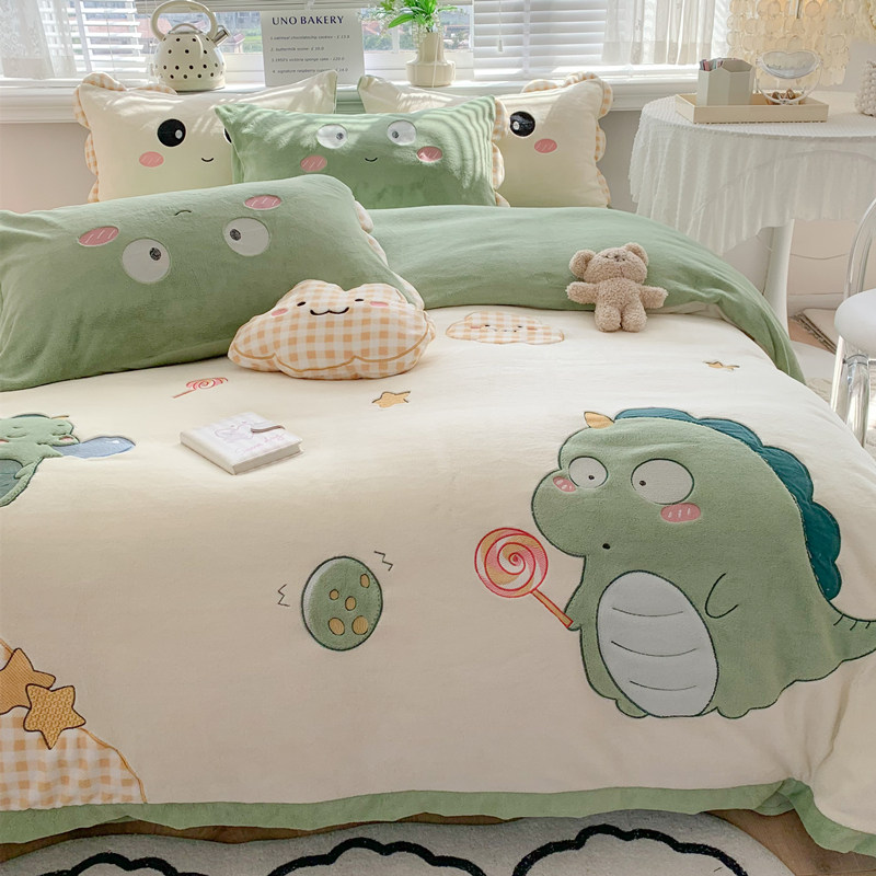 可爱恐龙保暖秋冬季牛奶绒四件套卡通刺绣加厚珊瑚绒被套床上用品,淘宝优惠券,粉丝福利购,淘宝优惠卷