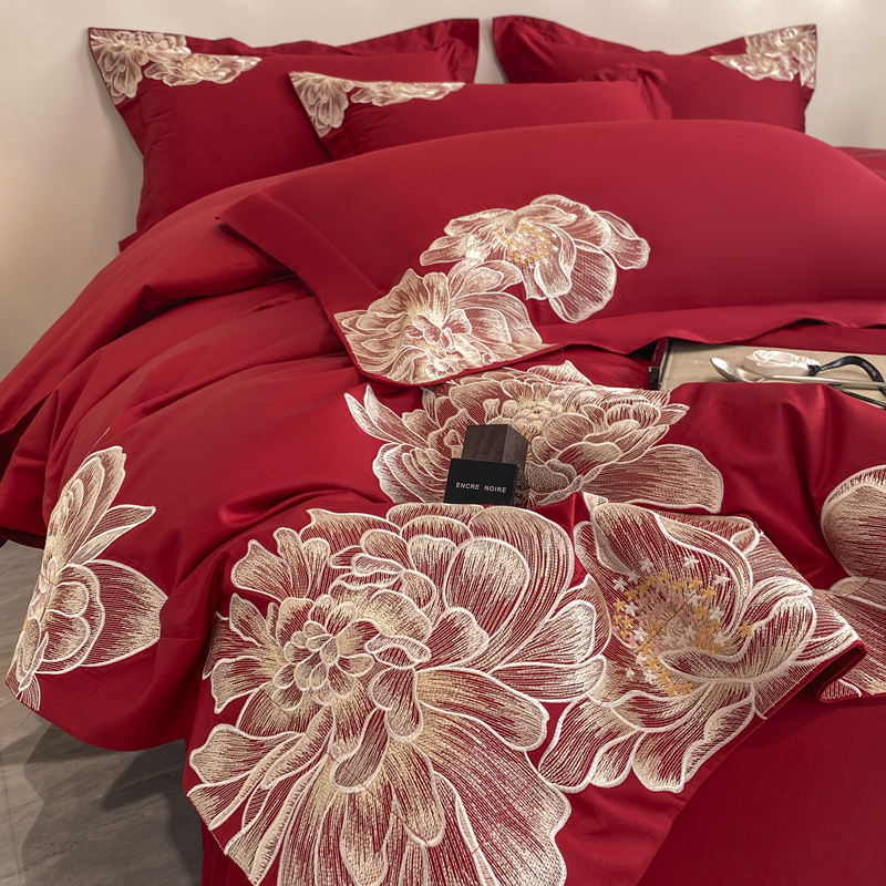 赫本风高支密长绒棉四件套婚庆高端全棉双人被套刺绣纯棉结婚床品 - 图2