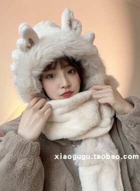 小叶冠耳朵帽子围巾手套一体女