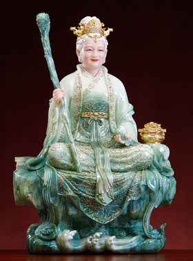 汉白玉翡翠绿坐岩泰山奶奶佛像