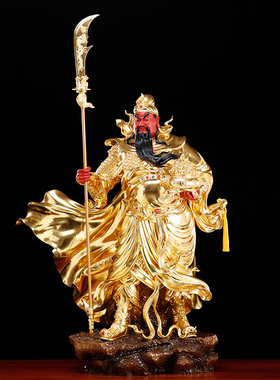纯铜贴金持剑披风关公神像供奉像