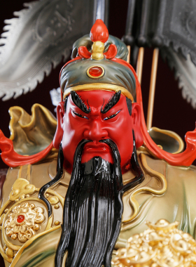 纯铜彩绘带旗关公神像关二爷像