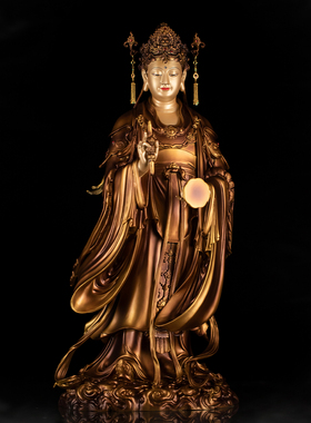 纯铜仿古彩绘帝释天佛像家用供奉