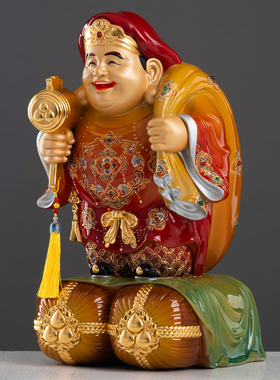 纯铜彩绘线雕大黑天财神铜像摆件