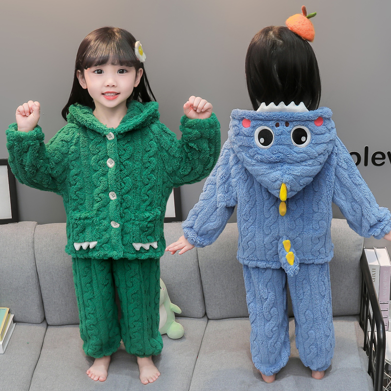 3儿童恐龙衣服2法兰绒1宝宝秋冬睡衣珊瑚绒加绒男女童家居服套装5 - 图1