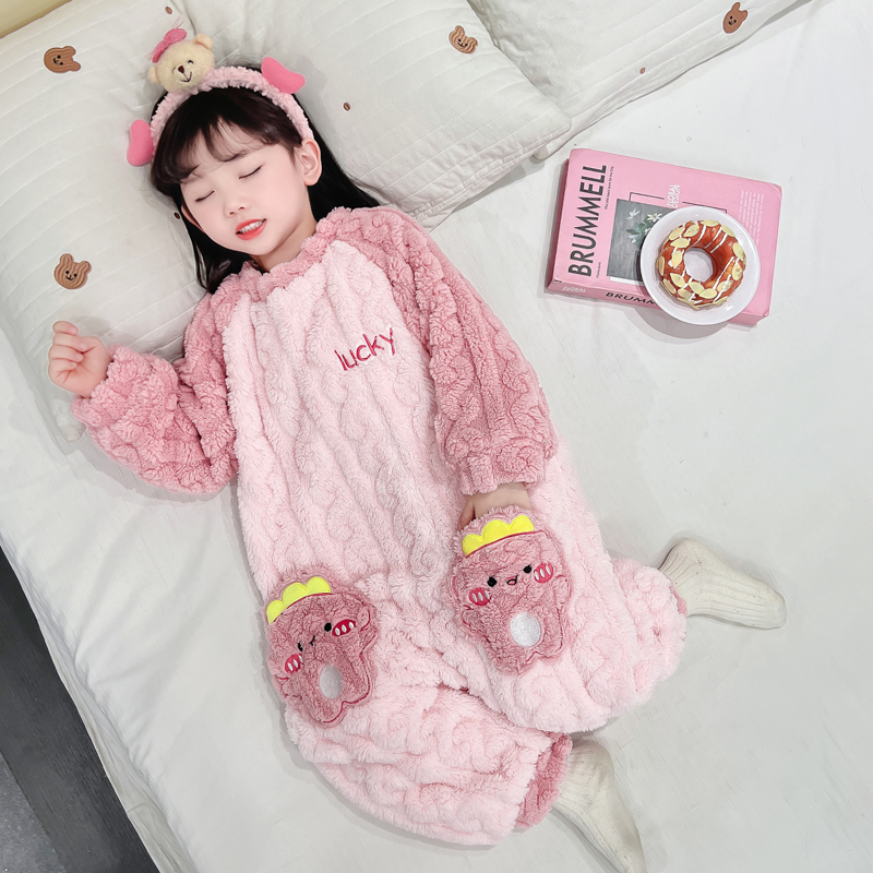 女童连体睡衣冬款法兰绒双层加绒宝宝冬季睡袋女孩秋冬加厚珊瑚绒 - 图2