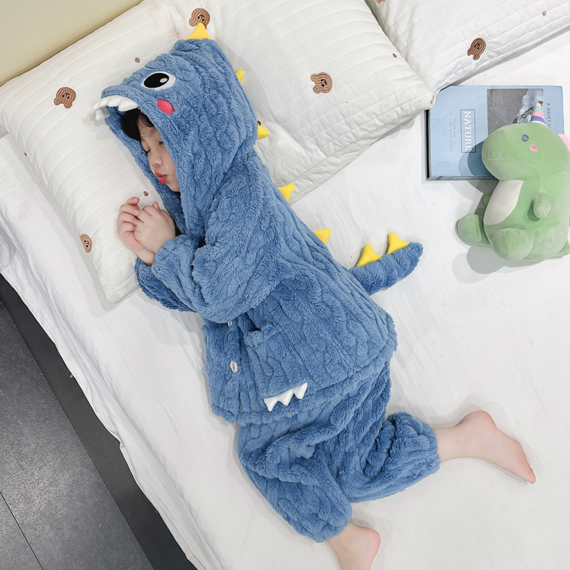 3儿童恐龙衣服2法兰绒1宝宝秋冬睡衣珊瑚绒加绒男女童家居服套装5 - 图2