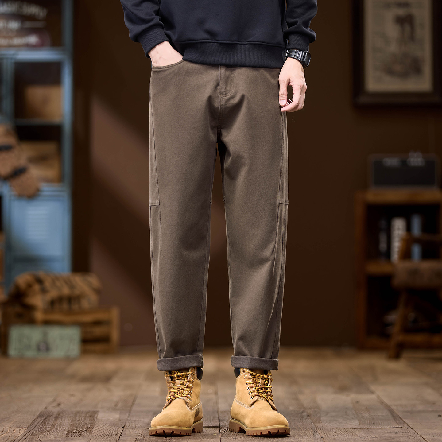 花花公子秋冬季美式重磅工装裤子男士宽松百搭耐磨加绒休闲长裤子 - 图0