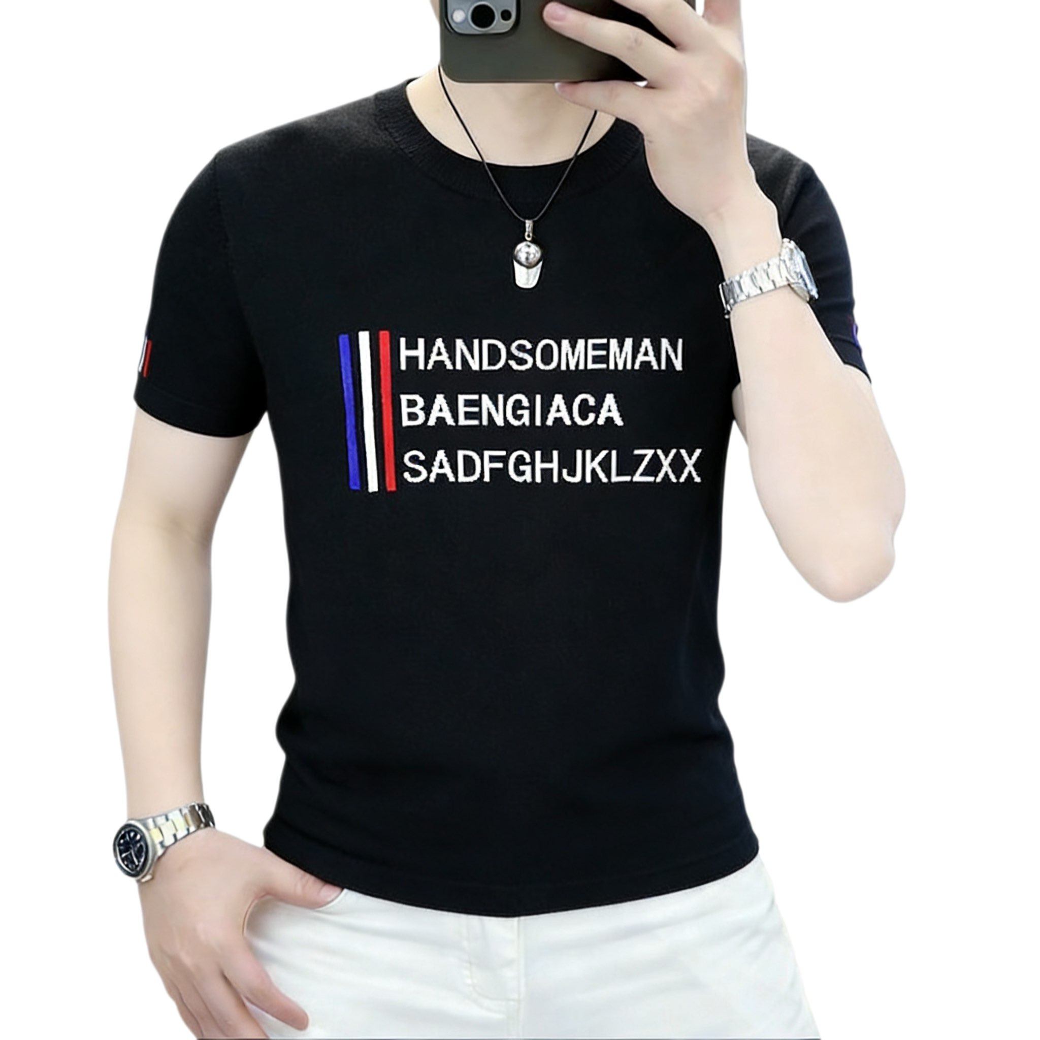 欧货2026早春季男士短袖毛衣潮流时尚个性字母提花百搭亲肤针织衫,淘宝优惠券,粉丝福利购,淘宝优惠卷