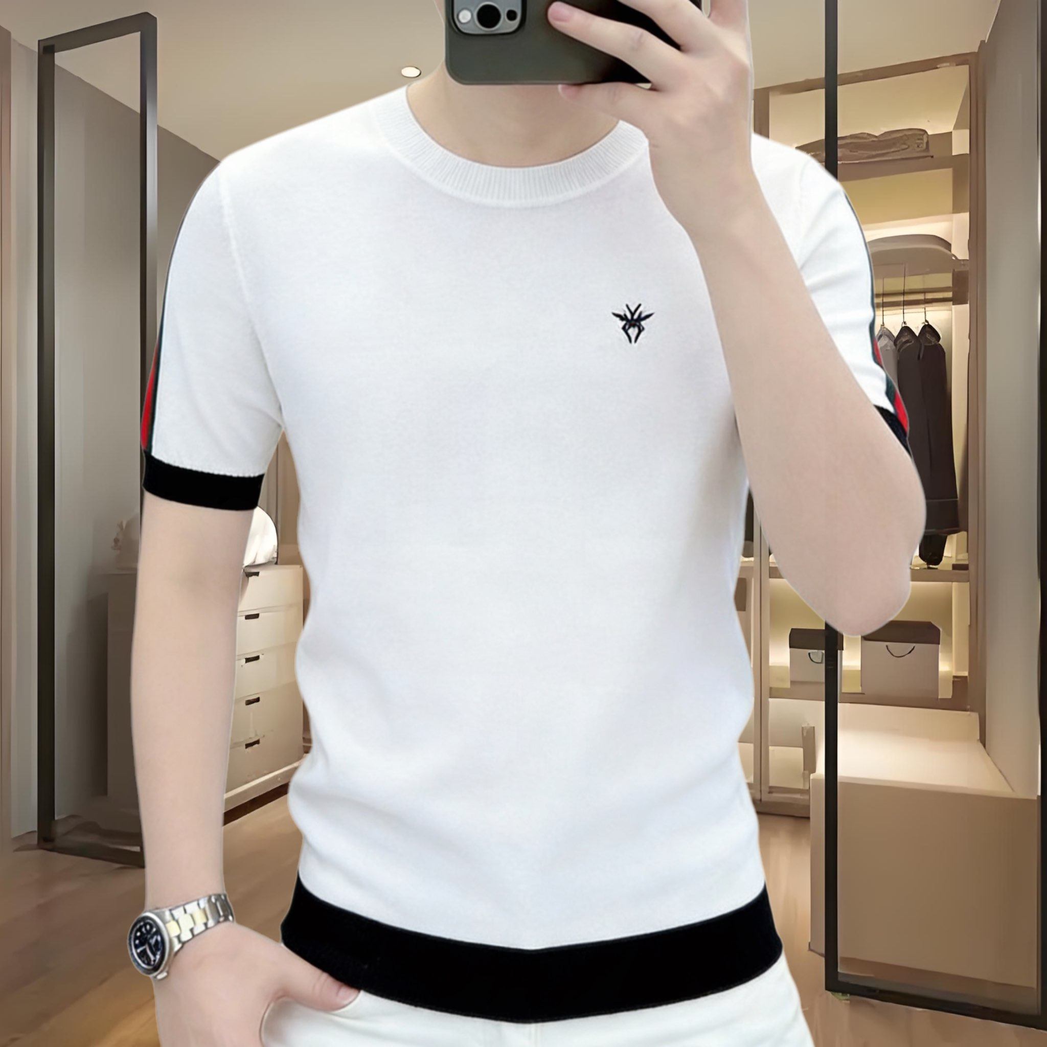 欧货早春季男士短袖针织毛衣时尚个性小蜘蛛条纹提花百搭打底毛衫,淘宝优惠券,粉丝福利购,淘宝优惠卷