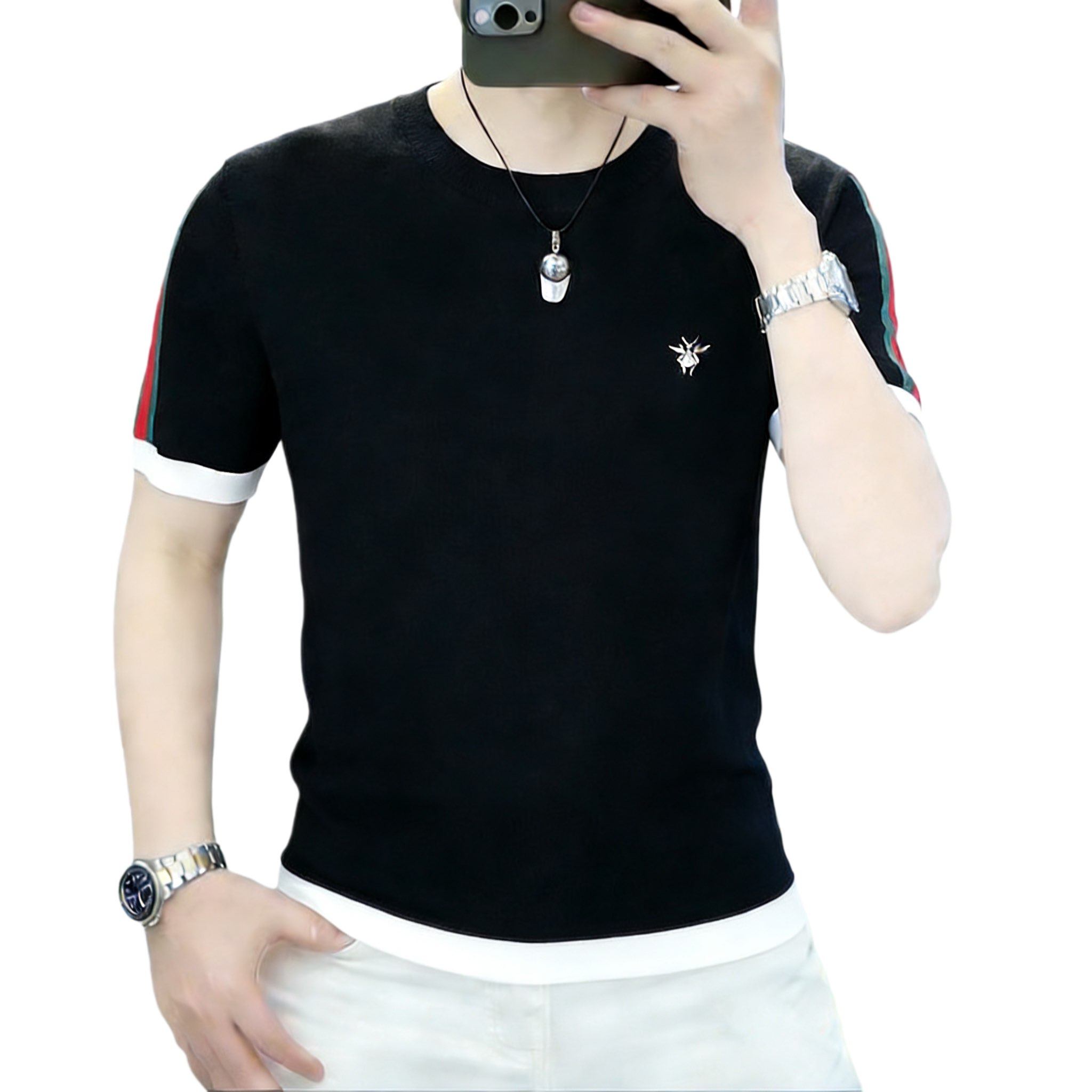 欧货早春季男士短袖针织毛衣时尚个性小蜘蛛条纹提花百搭打底毛衫,淘宝优惠券,粉丝福利购,淘宝优惠卷