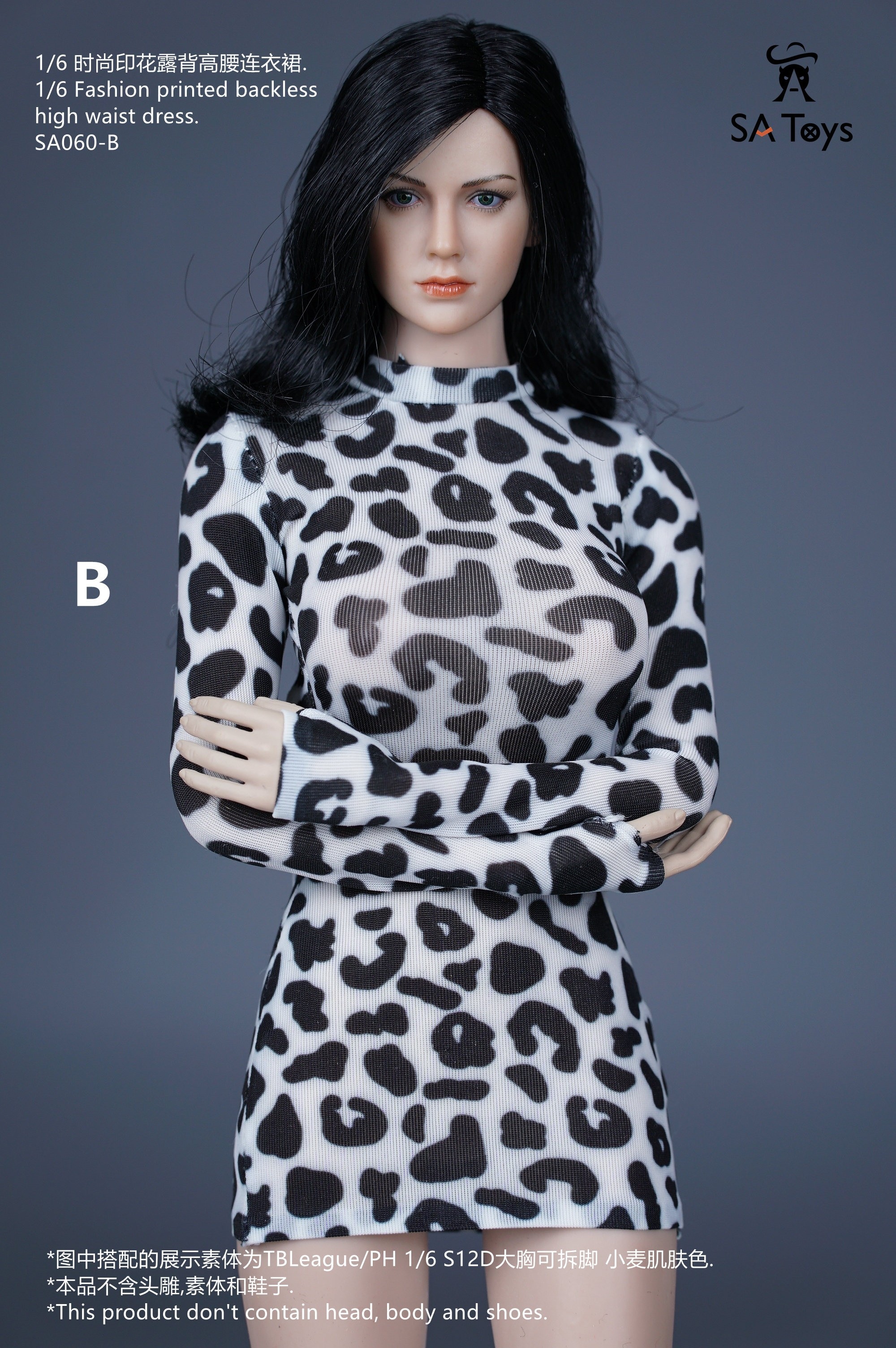 现货SA Toys SA060 1/6女兵人衣服 时尚印花露背高腰连衣裙紧身衣 - 图1