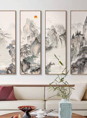 山水招财画新中式客厅背景墙装饰画书房茶室壁画办公室挂画组合画
