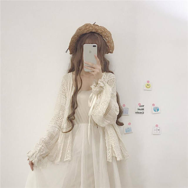 ເສື້ອຢືດແບບໂບຮານ Super fairy shawl ແຂນຍາວ lace cardigan