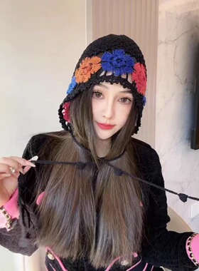 新款彩色花朵春夏季帽子女手工钩花流苏包头帽镂空透气薄款针织帽
