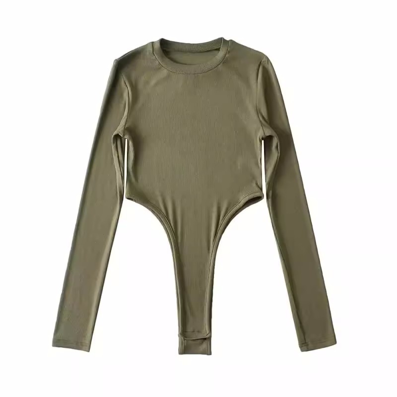 欧美秋季新品圆领高叉露腰连体长袖T恤纯色弹力修身连身连裆上衣 - 图1