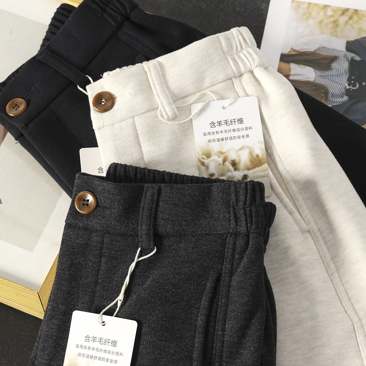 华子家 羊毛呢窄版阔腿裤女秋冬加厚加绒高腰宽松显瘦直筒裤45742,淘宝优惠券,粉丝福利购,淘宝优惠卷