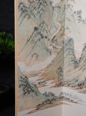 可定制 纯手绘青绿山水国画桌面屏风摆台