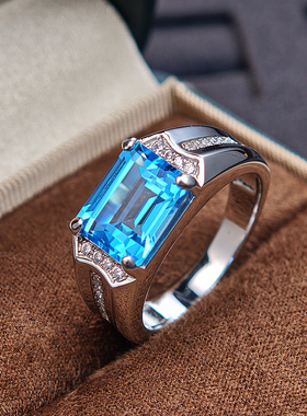 925纯银蓝托帕石男戒指时尚个性