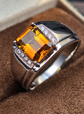 天然黄水晶925纯银镀金戒指男