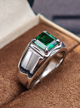 祖母绿水晶绿尖晶男士925银戒指