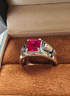 正方形合成红宝石男戒指925银镀白金红刚玉指环饰品简约免费刻字