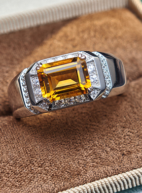 天然黄水晶男士戒指925纯银
