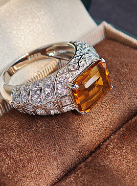 925纯银镀金天然黄水晶男戒指