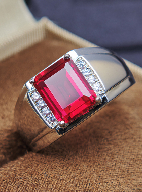 925纯银镀金红宝戒指男个性刻字