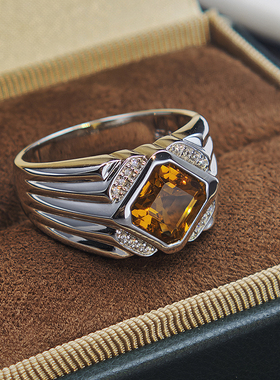 轻奢方形天然黄水晶925银戒指