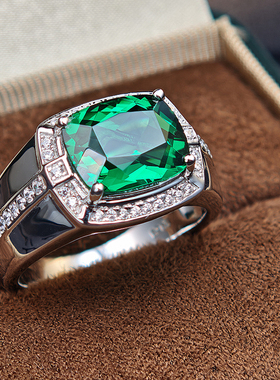 祖母绿色绿尖晶925纯银戒指